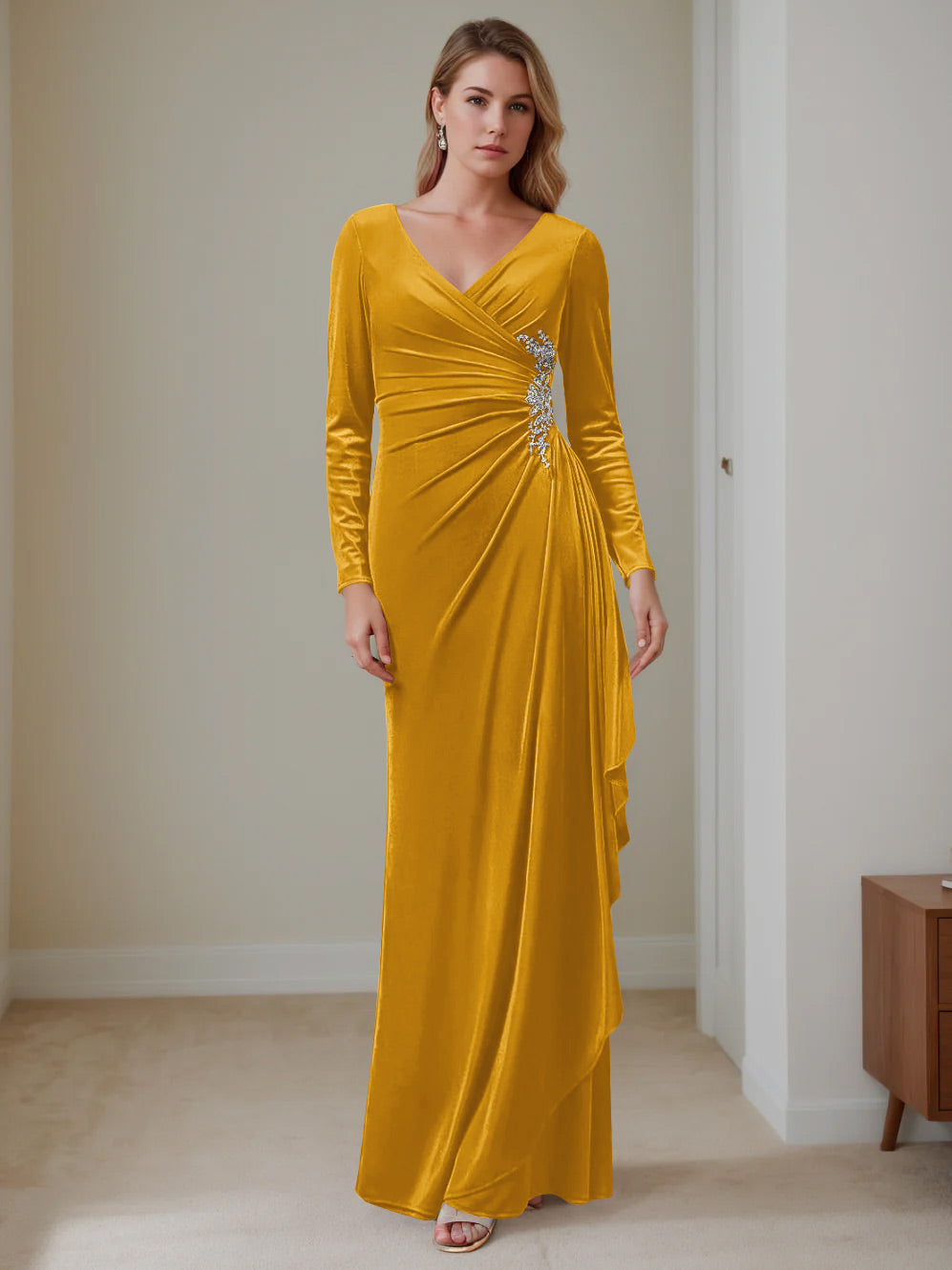 A-Line/Princess V-Neck Long Sleeves Floor-Length Velvet Mother Of The Bride Dresses With Ruffles BabaMila