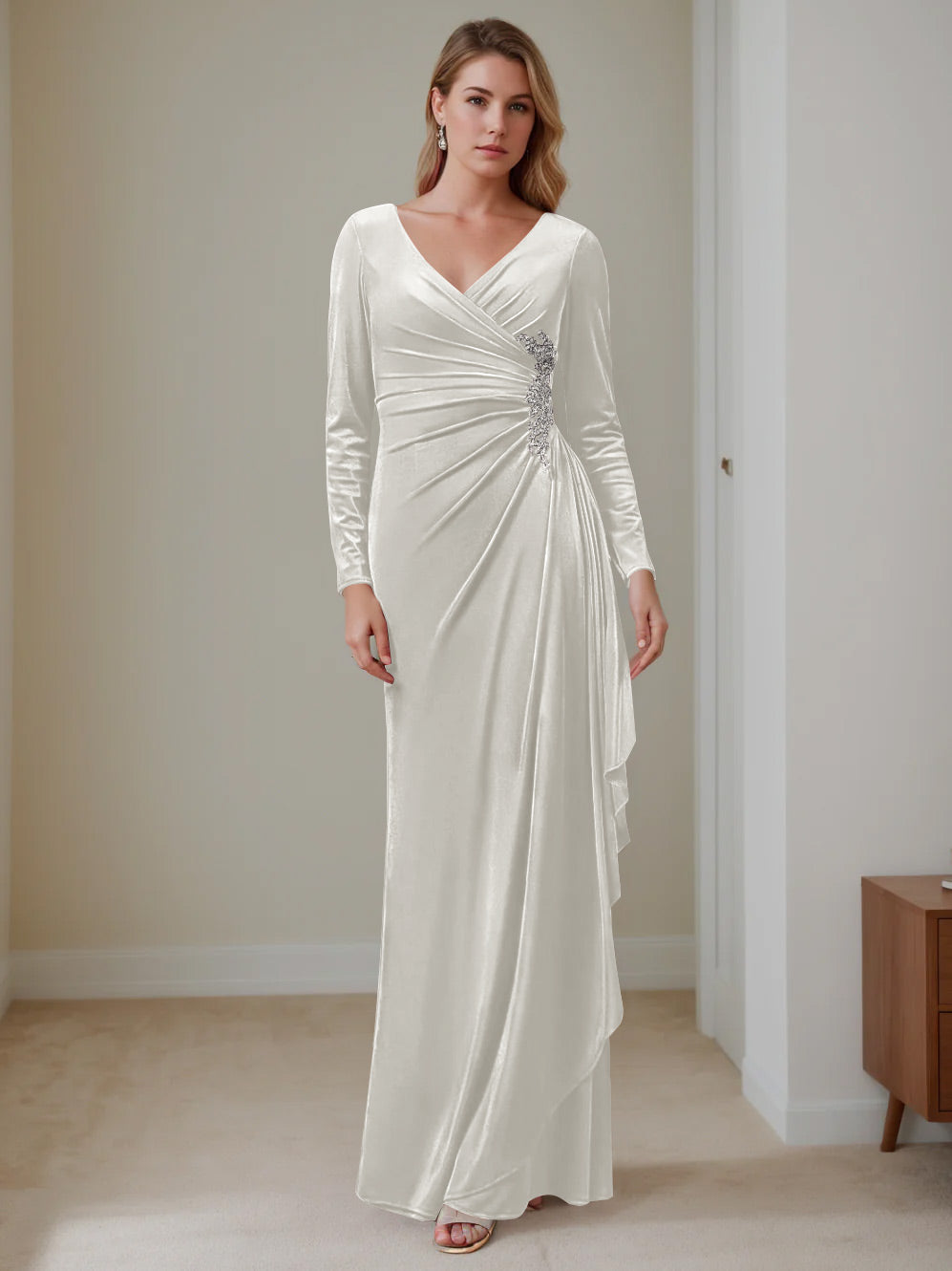 A-Line/Princess V-Neck Long Sleeves Floor-Length Velvet Mother Of The Bride Dresses With Ruffles BabaMila