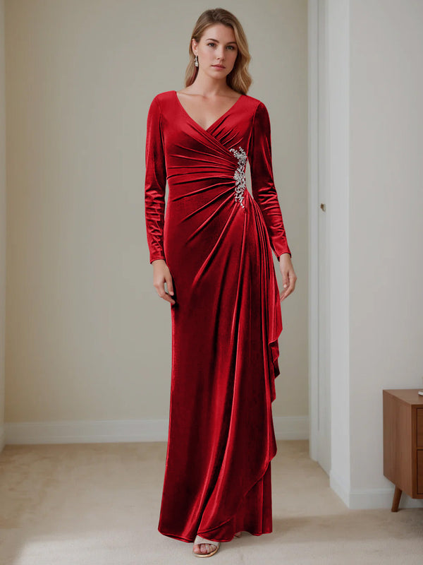 A-Line/Princess V-Neck Long Sleeves Floor-Length Velvet Mother Of The Bride Dresses With Ruffles BabaMila