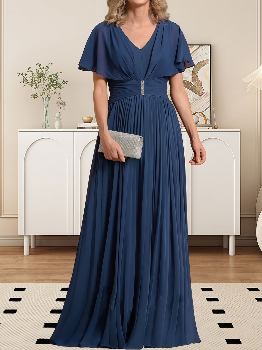 Classic V-Neck Flutter Straps Floor-Length Chiffon Mother of the Bride Dress With Pleated/Beads BabaMila