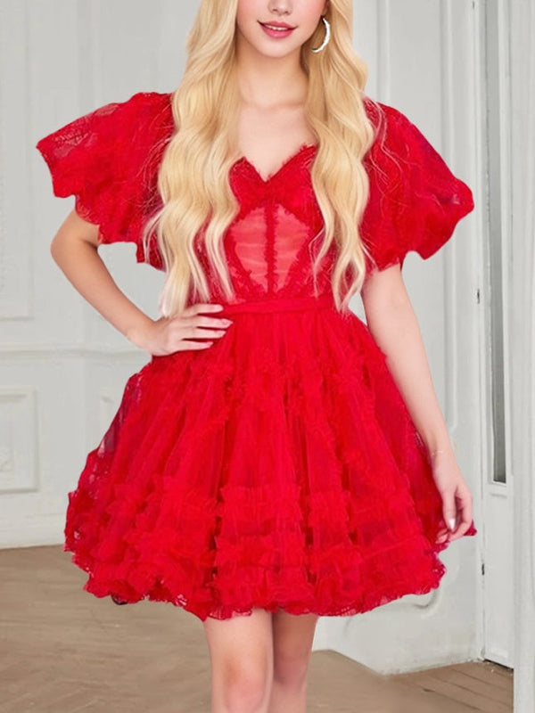 A-Line/Princess Off-the-Shoulder Short Puffy Sleeves Short/Mini Party Dance Cocktail Homecoming Dress With Ruffles/Pleats/Sash BabaMila