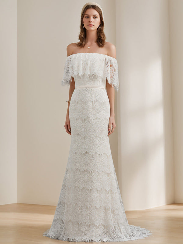 A-Line/Princess Off-the-Shoulder Cape Floor-Length Lace Wedding Dress BabaMila