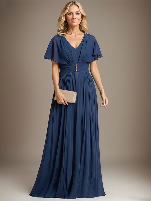 Classic V-Neck Flutter Straps Floor-Length Chiffon Mother of the Bride Dress With Pleated/Beads BabaMila
