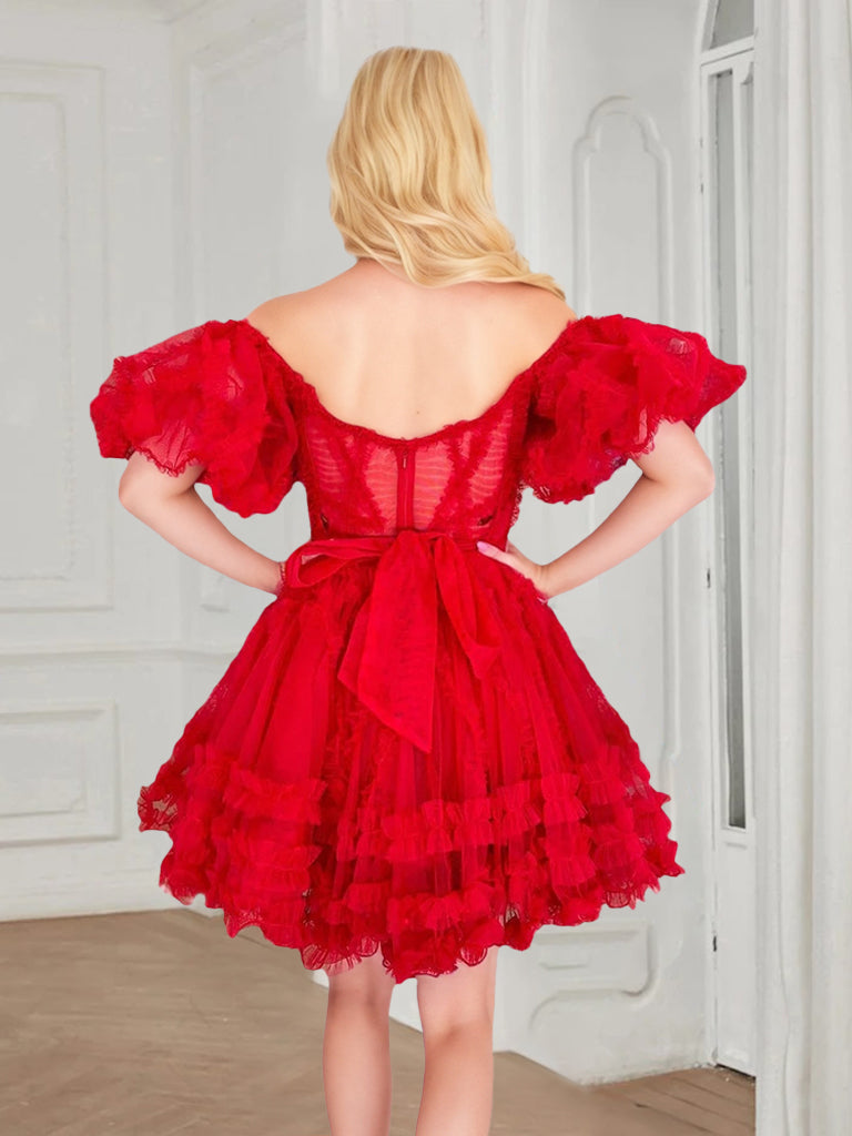A-Line/Princess Off-the-Shoulder Short Puffy Sleeves Short/Mini Party Dance Cocktail Homecoming Dress With Ruffles/Pleats/Sash BabaMila