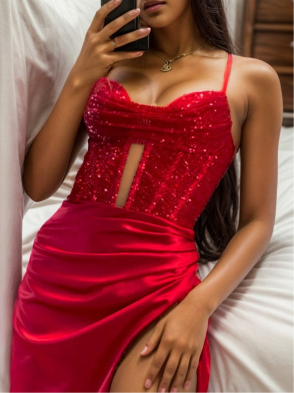Sheath/Column Spaghetti Straps Sleeveless Floor-length Long Prom Dresses with Sequins/Split Side BabaMila
