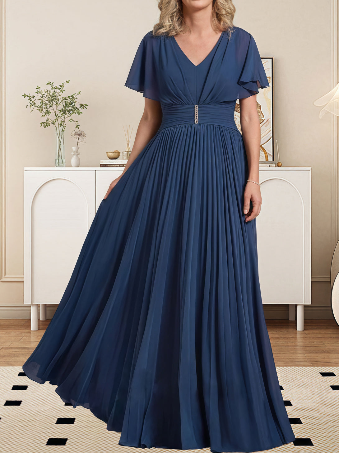 Classic V-Neck Flutter Straps Floor-Length Chiffon Mother of the Bride Dress With Pleated/Beads BabaMila