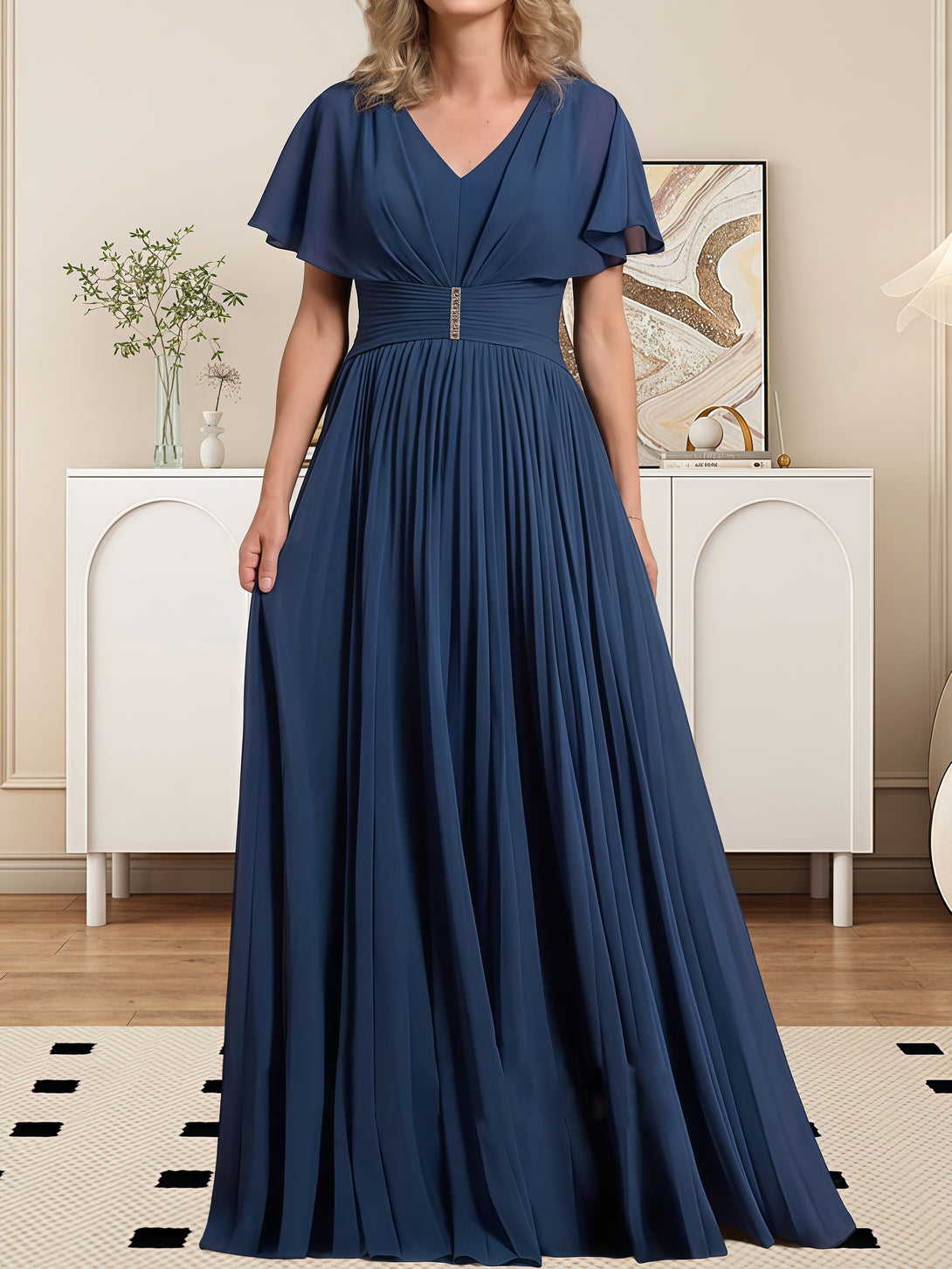 Classic V-Neck Flutter Straps Floor-Length Chiffon Mother of the Bride Dress With Pleated/Beads BabaMila