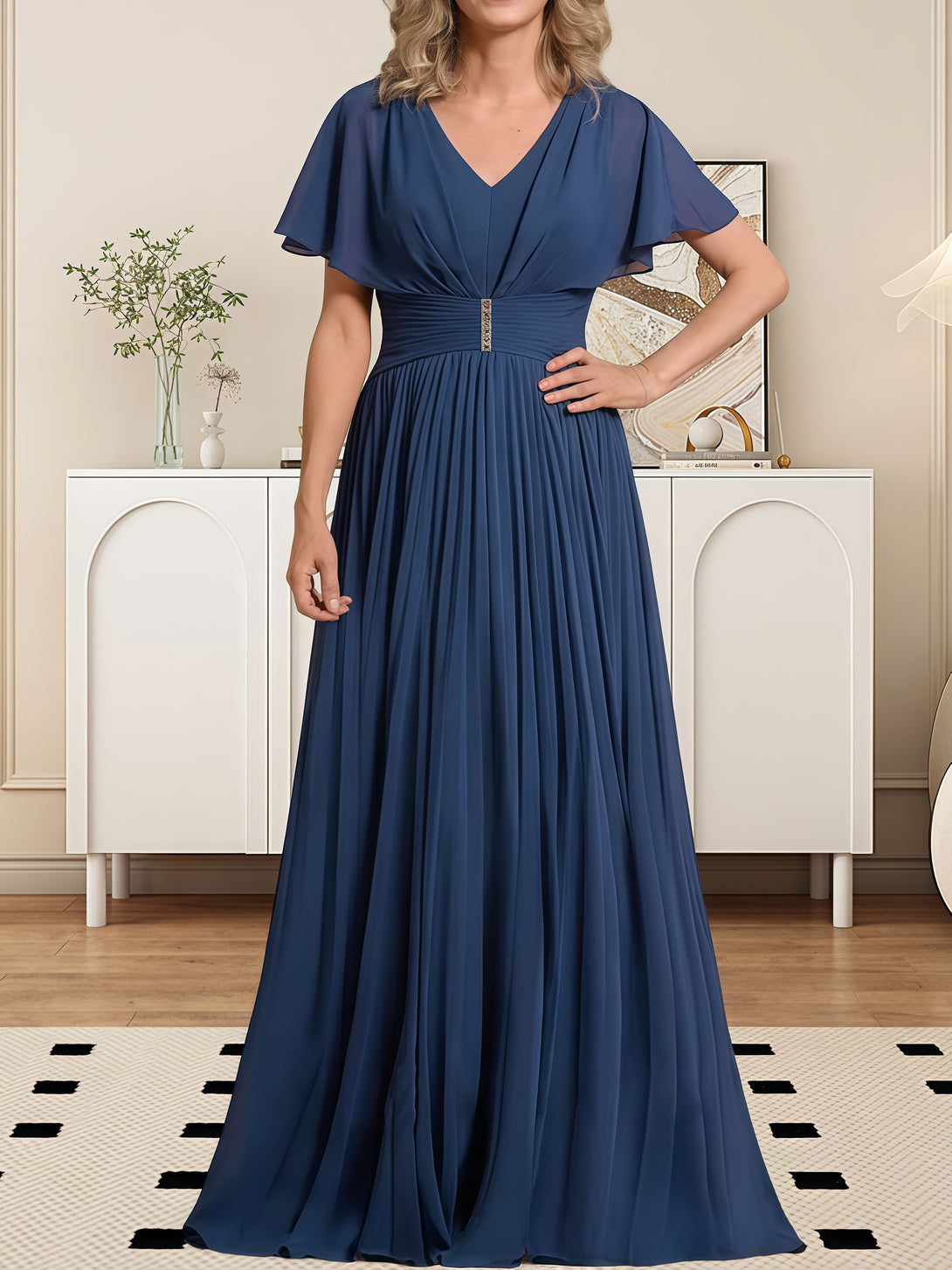 Classic V-Neck Flutter Straps Floor-Length Chiffon Mother of the Bride Dress With Pleated/Beads BabaMila