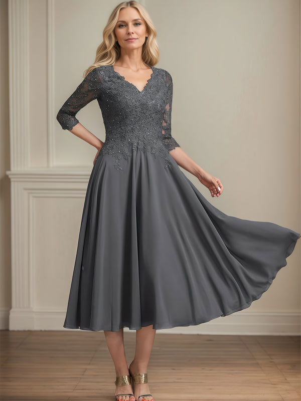 Elegant V-Neck 3/4 Sleeve Tea-Length Chiffon Mother of the Bride Dress With Appliques/Sequins BabaMila