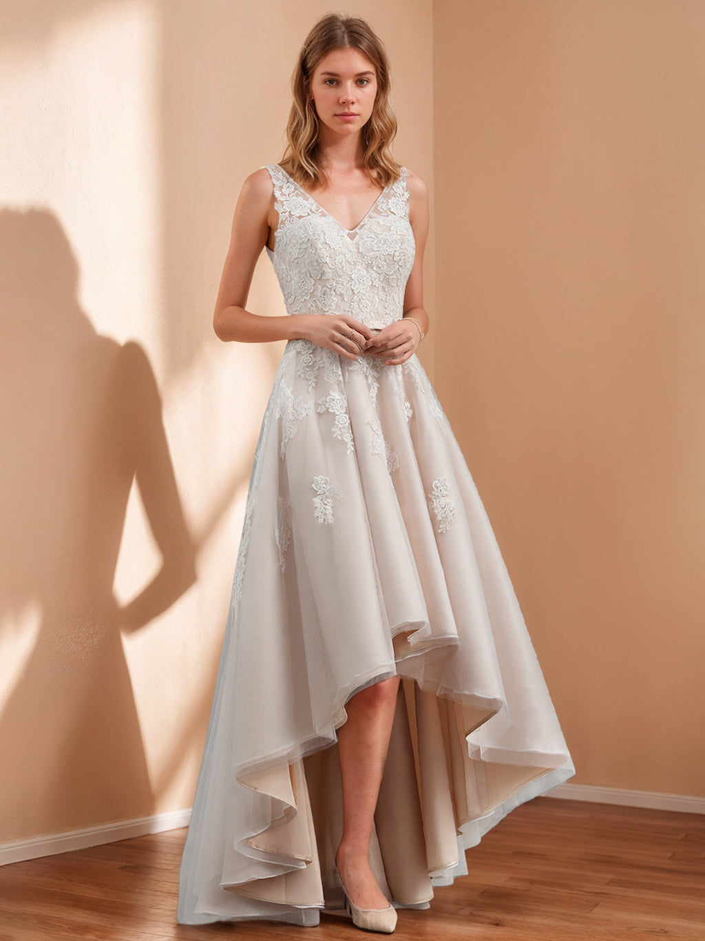 A-Line/Princess V-Neck Sleeveless Asymmetrical Wedding Dress With Appliques BabaMila