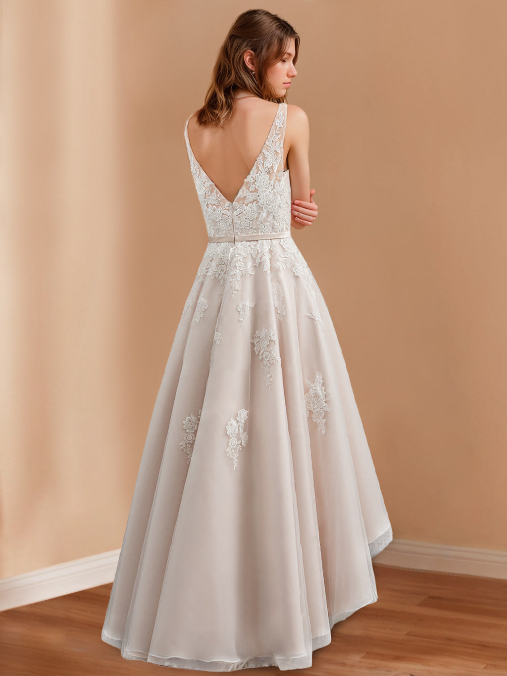 A-Line/Princess V-Neck Sleeveless Asymmetrical Wedding Dress With Appliques BabaMila