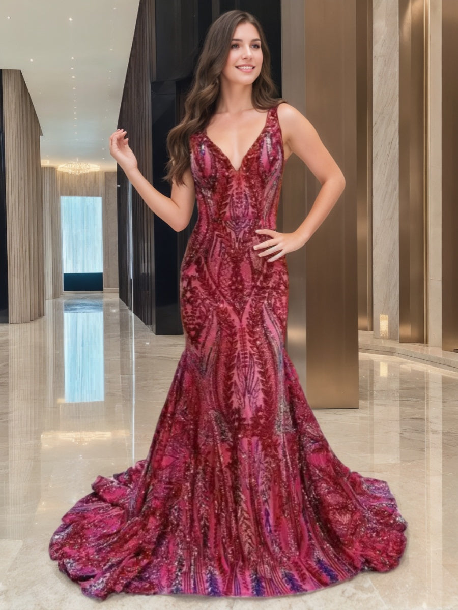 Trumpet/Mermaid V-Neck Sleeveless Court Train Long Prom Floral Dresses with Sequins BabaMila
