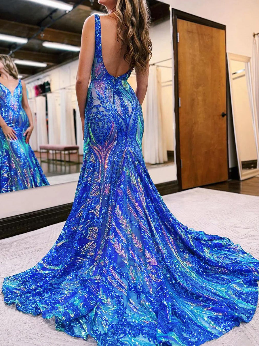 Trumpet/Mermaid V-Neck Sleeveless Court Train Long Prom Floral Dresses with Sequins BabaMila