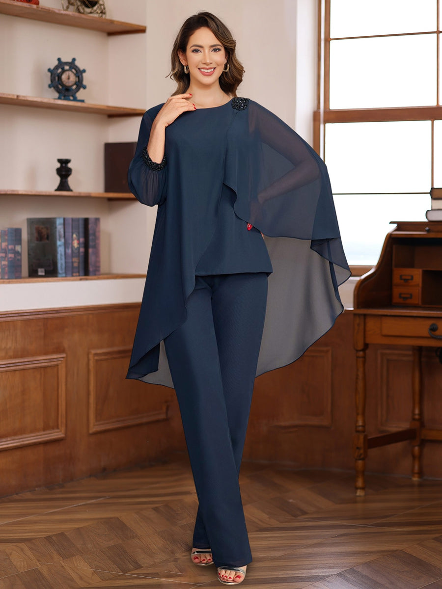 2 Pieces Chiffon Round Neck Floor-Length Mother Of The Bride Pantsuits With Ruffles & Sequins & Beading BabaMila
