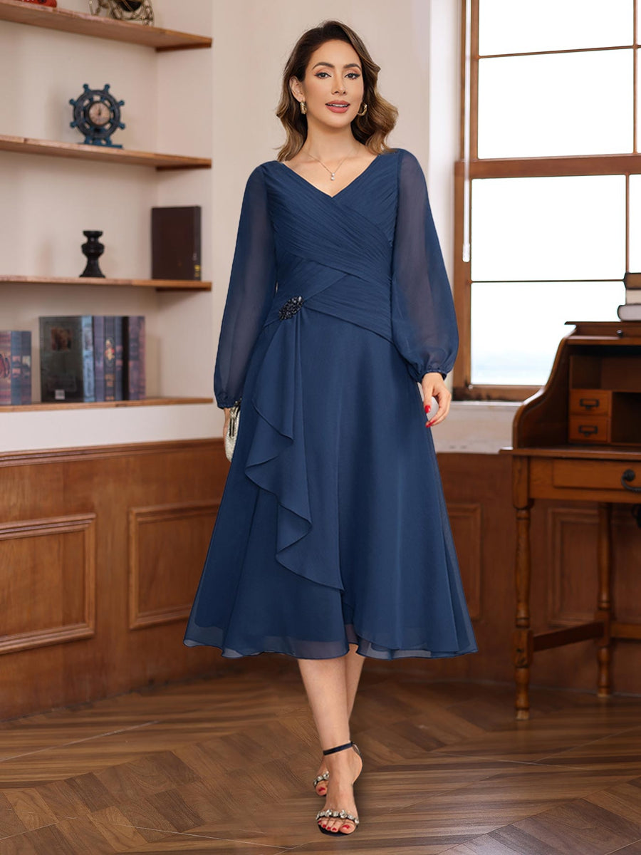 A-Line V-Neck Long Sleeves Tea Length Mother Of The Bride & Groom Dresses With Pleats & Appliques BabaMila