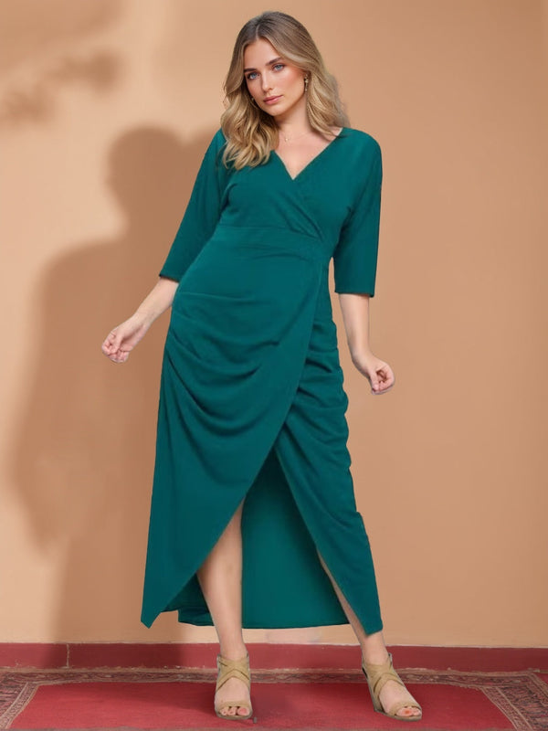 A-Line/Princess V-Neck Half Sleeves Asymmetrical Plus Size Mother Of The Bride Dresses With Ruffles BabaMila