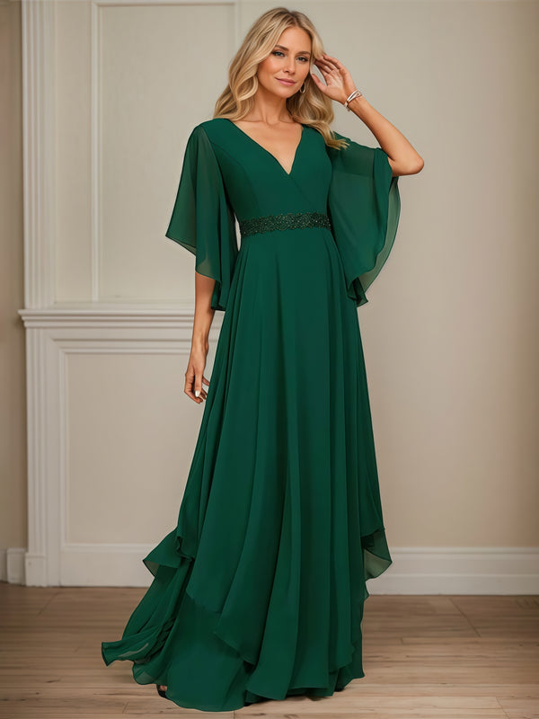 Elegant V-Neck Flutter Straps Floor-Length Chiffon Mother of the Bride Dress With Beads Belt/Cascading Ruffles BabaMila