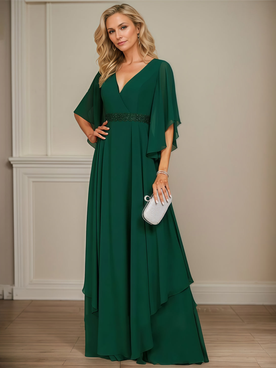 Elegant V-Neck Flutter Straps Floor-Length Chiffon Mother of the Bride Dress With Beads Belt/Cascading Ruffles BabaMila