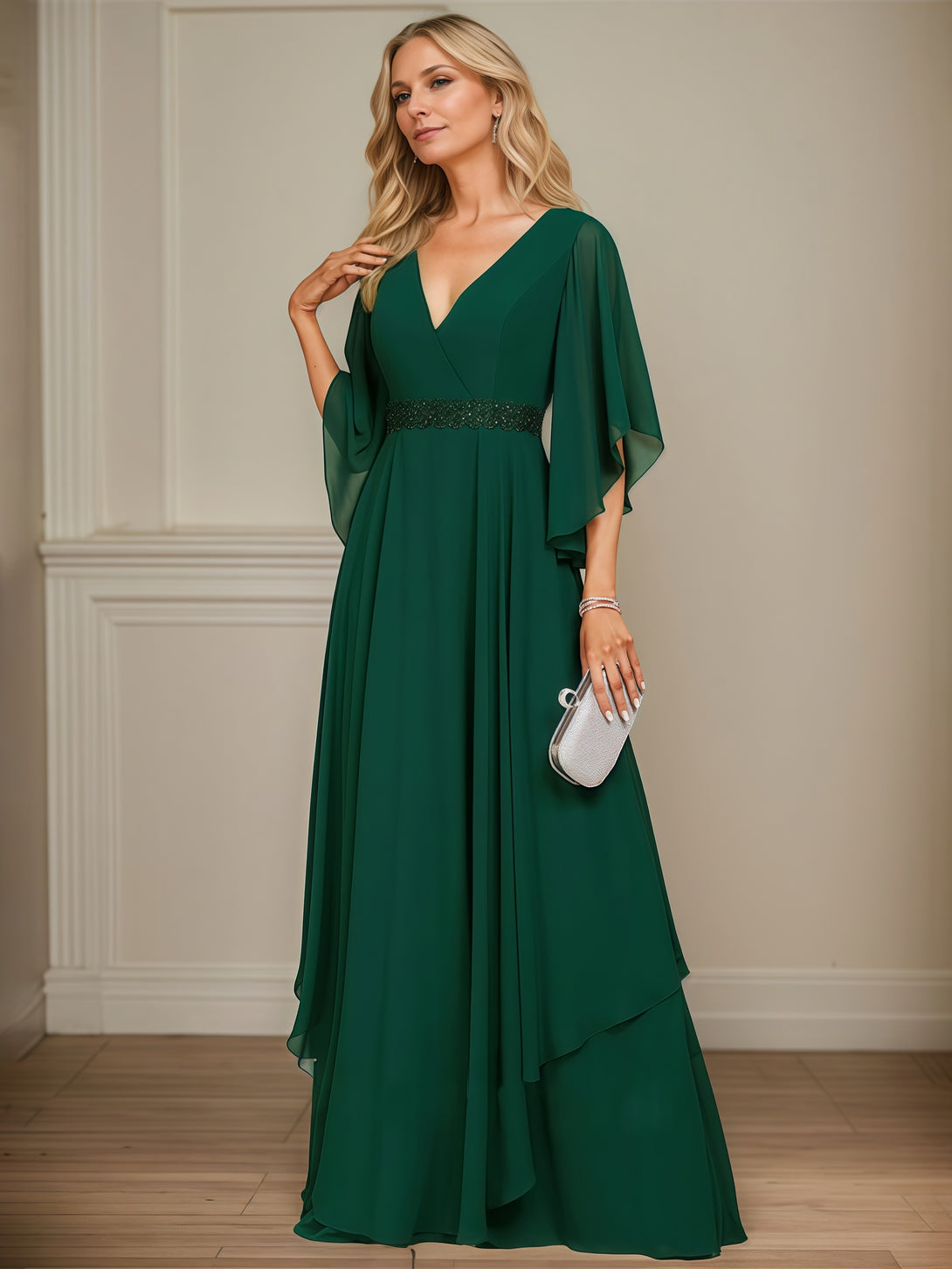 Elegant V-Neck Flutter Straps Floor-Length Chiffon Mother of the Bride Dress With Beads Belt/Cascading Ruffles BabaMila