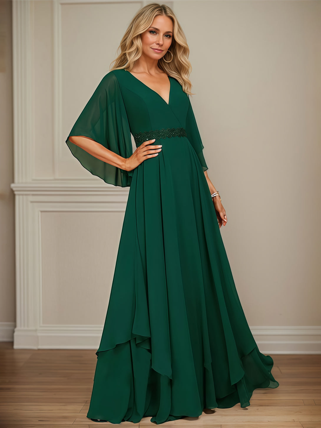 Elegant V-Neck Flutter Straps Floor-Length Chiffon Mother of the Bride Dress With Beads Belt/Cascading Ruffles BabaMila