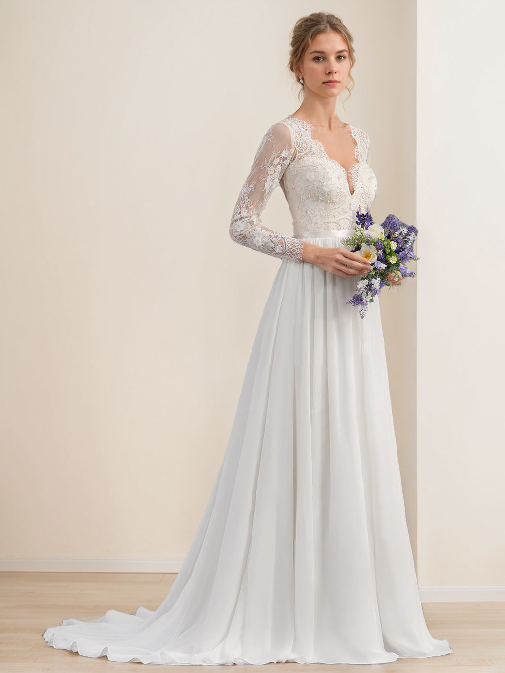 A-Line/Princess V-Neck Long Sleeves Floor Length Lace Wedding Dress with Appliques BabaMila