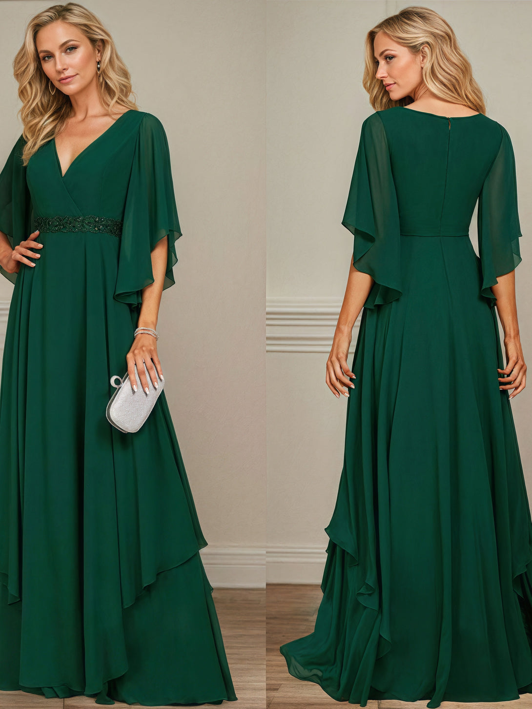 Elegant V-Neck Flutter Straps Floor-Length Chiffon Mother of the Bride Dress With Beads Belt/Cascading Ruffles BabaMila