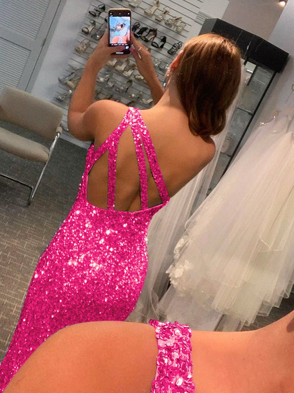 Women's Sheath/Column Sequin One-Shoulder Sweep/Brush Train Long Prom Dresses BabaMila