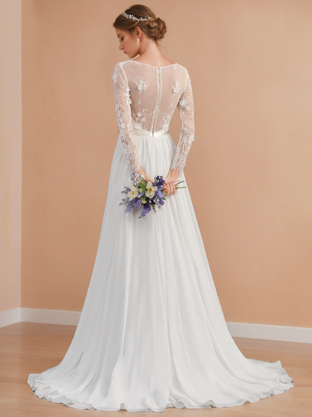 A-Line/Princess V-Neck Long Sleeves Floor Length Lace Wedding Dress with Appliques BabaMila
