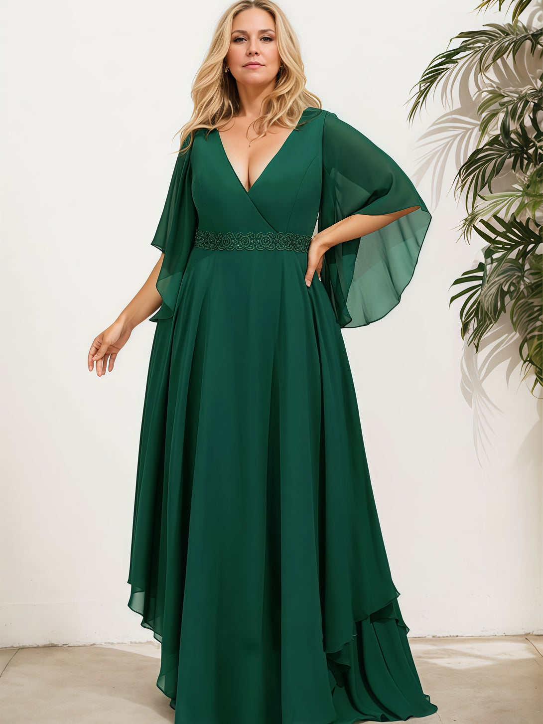 Elegant V-Neck Flutter Straps Floor-Length Chiffon Mother of the Bride Dress With Beads Belt/Cascading Ruffles BabaMila