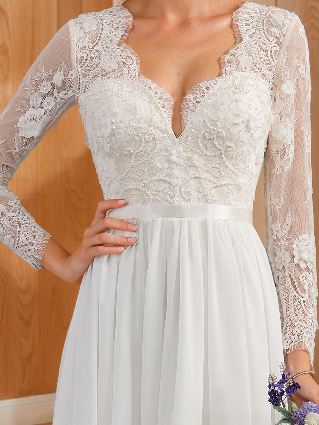 A-Line/Princess V-Neck Long Sleeves Floor Length Lace Wedding Dress with Appliques BabaMila