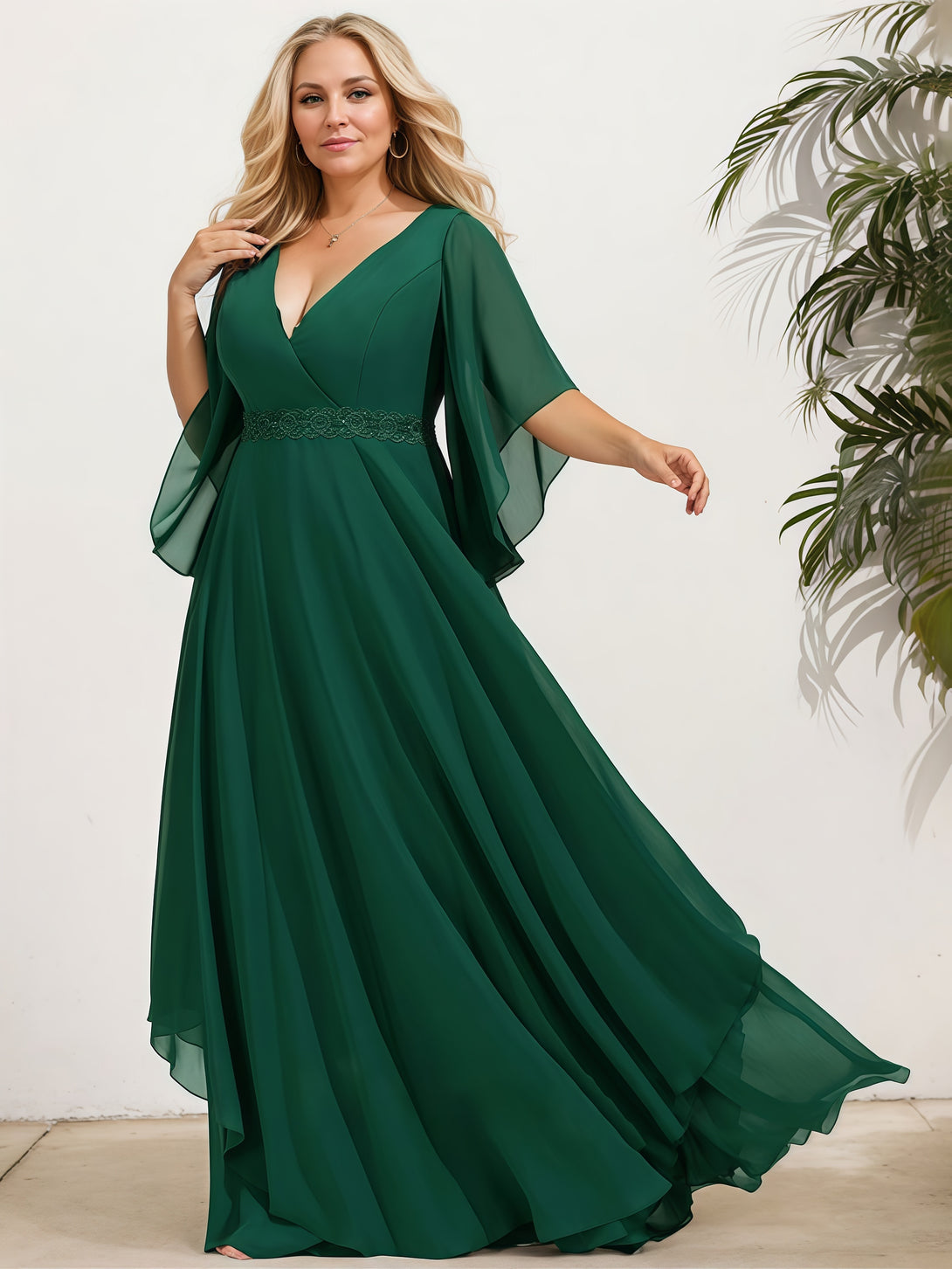Elegant V-Neck Flutter Straps Floor-Length Chiffon Mother of the Bride Dress With Beads Belt/Cascading Ruffles BabaMila