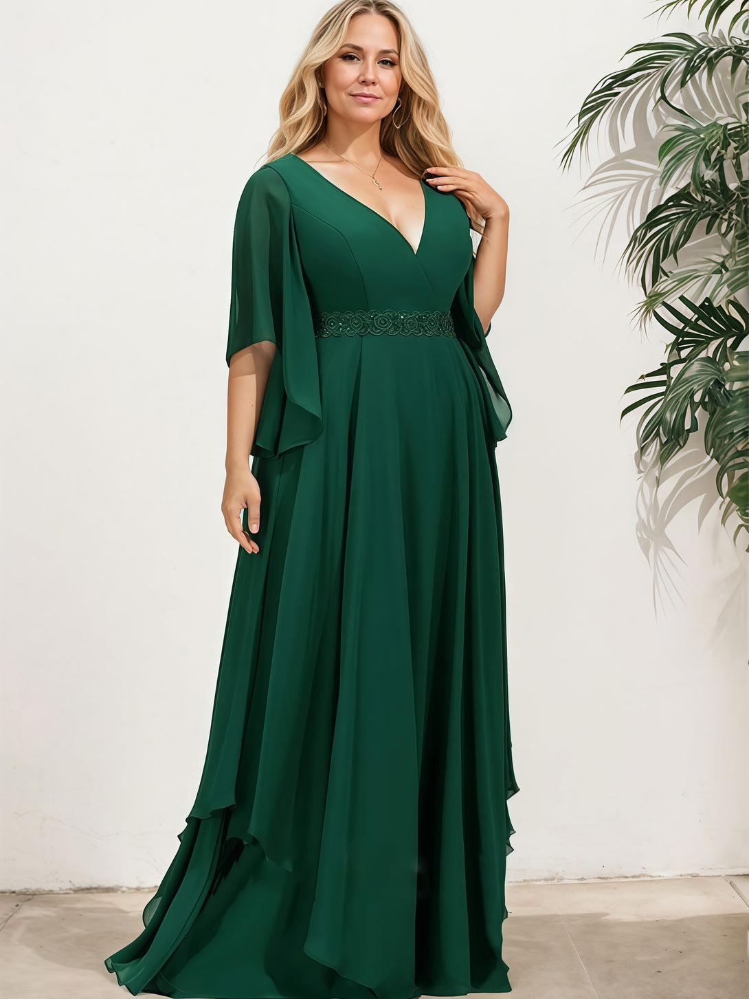 Elegant V-Neck Flutter Straps Floor-Length Chiffon Mother of the Bride Dress With Beads Belt/Cascading Ruffles BabaMila