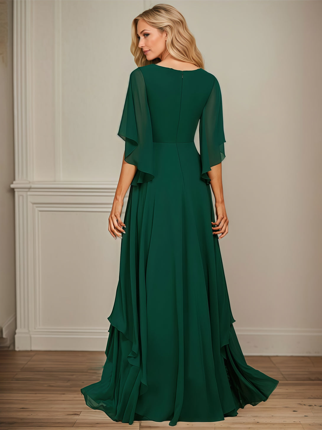 Elegant V-Neck Flutter Straps Floor-Length Chiffon Mother of the Bride Dress With Beads Belt/Cascading Ruffles BabaMila