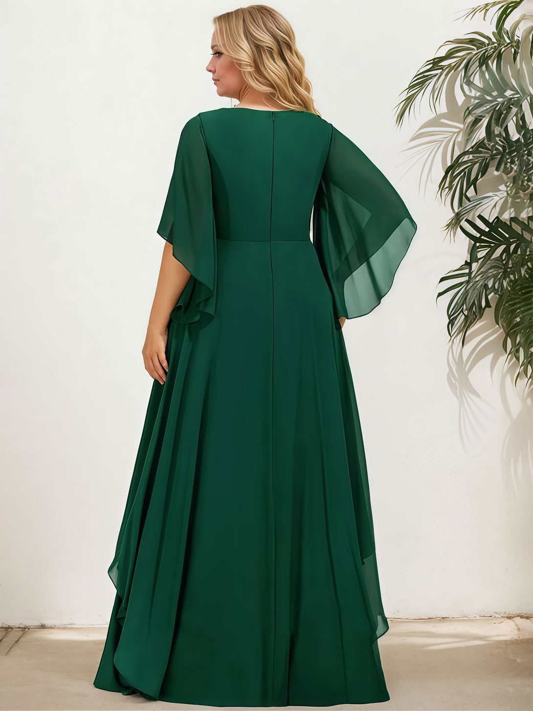 Elegant V-Neck Flutter Straps Floor-Length Chiffon Mother of the Bride Dress With Beads Belt/Cascading Ruffles BabaMila