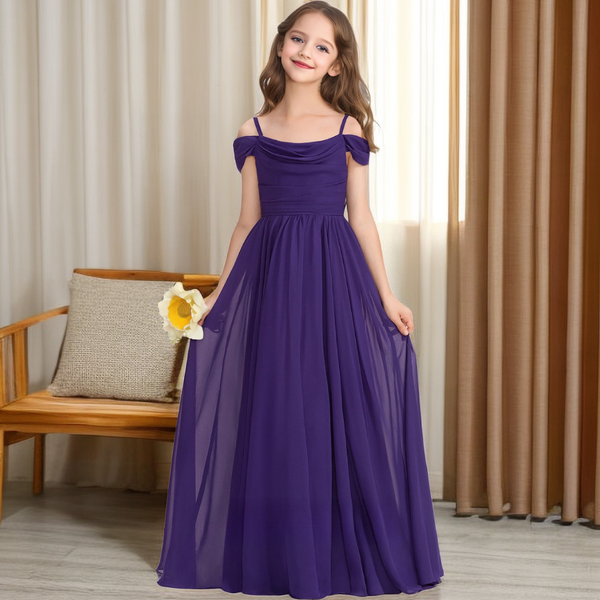 A-Line Cold Shoulder Cowl Floor-Length Chiffon Junior Bridesmaid Dress/Girls Birthday Dresses With Pleated Girls Gidiondress as picture 12M