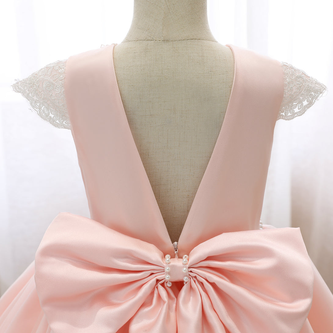 Scoop Neck Cap Sleeve Knee-Length Satin/Lace Girls Birthday Dresses With Bow/Beads Belt/Appliques Gidiondress