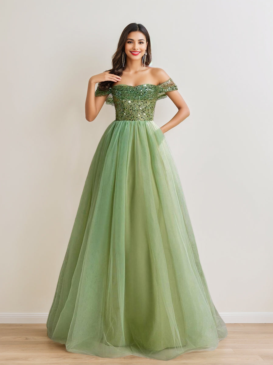 A-Line/Princess Off-the-Shoulder Sleeveless Tulle Luxurious Prom Dresses with Sequins BabaMila