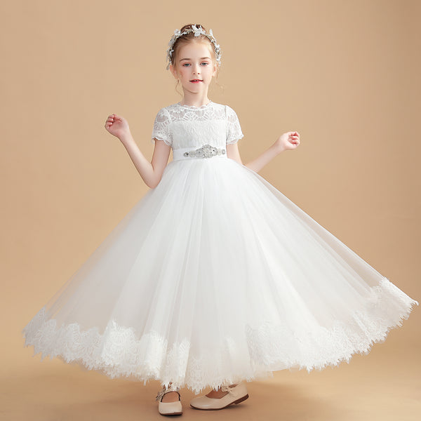 Short Sleeve Scoop Neck Floor-Length Tulle/Lace/Satin Flower Girl Dresses/First Communion Dress With Beads Belt/Appliques Gidiondress