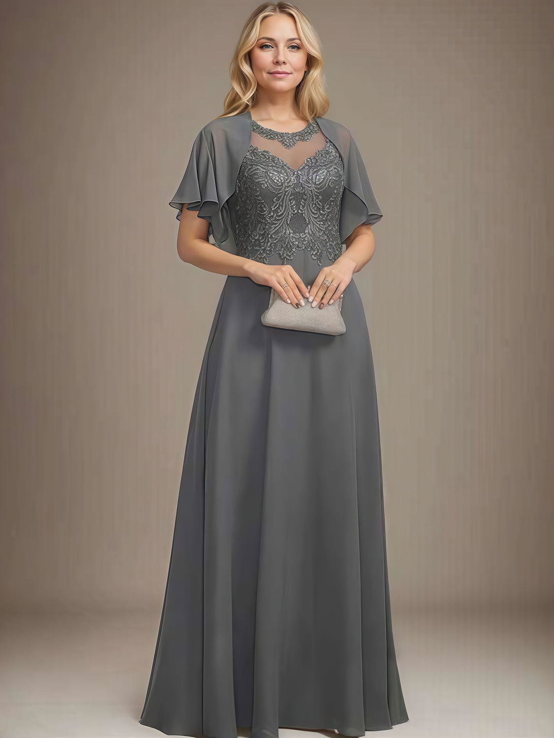 A-Line Scoop Neck Illusion Flutter Straps Floor-Length Lace/Chiffon/Sequins Mother of the Bride Dress With Appliques/Jacket BabaMila