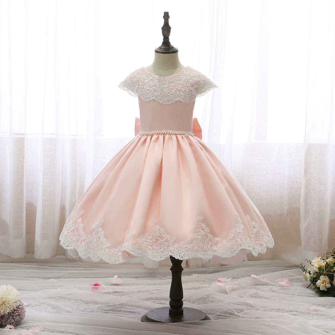 Scoop Neck Cap Sleeve Knee-Length Satin/Lace Girls Birthday Dresses With Bow/Beads Belt/Appliques Gidiondress