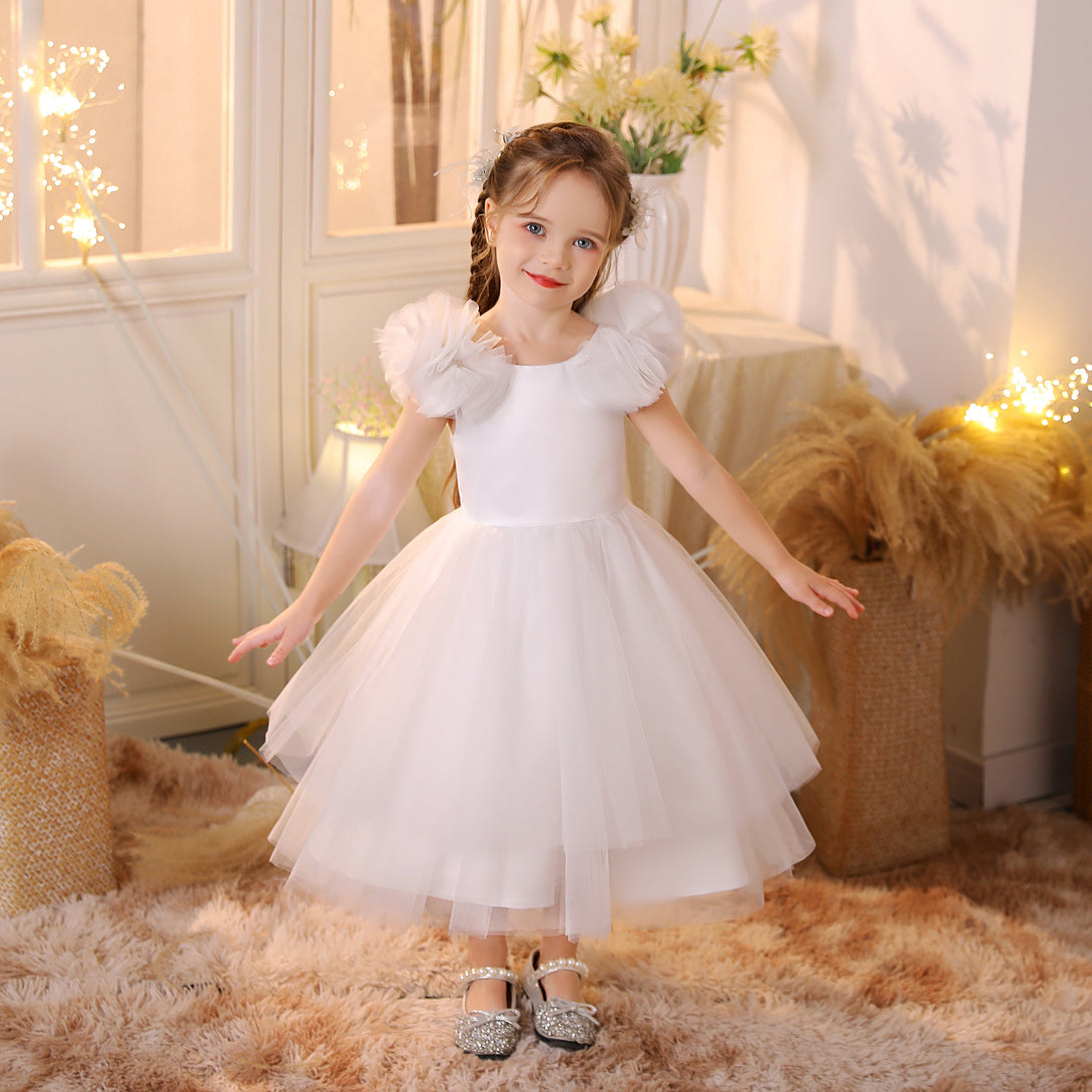 3D Tulle Flower Round Neck Sleeveless Dresses Girls Gidiondress