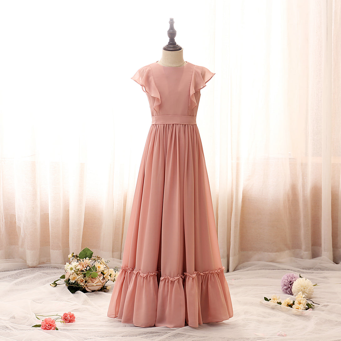 Boat Neck Flutter Straps Floor-Length Chiffon Girls Birthday Dresses With Ruffled Hem/Belt Gidiondress