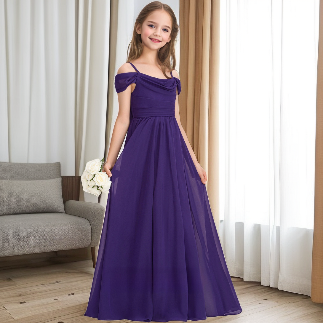 A-Line Cold Shoulder Cowl Floor-Length Chiffon Junior Bridesmaid Dress/Girls Birthday Dresses With Pleated Girls Gidiondress