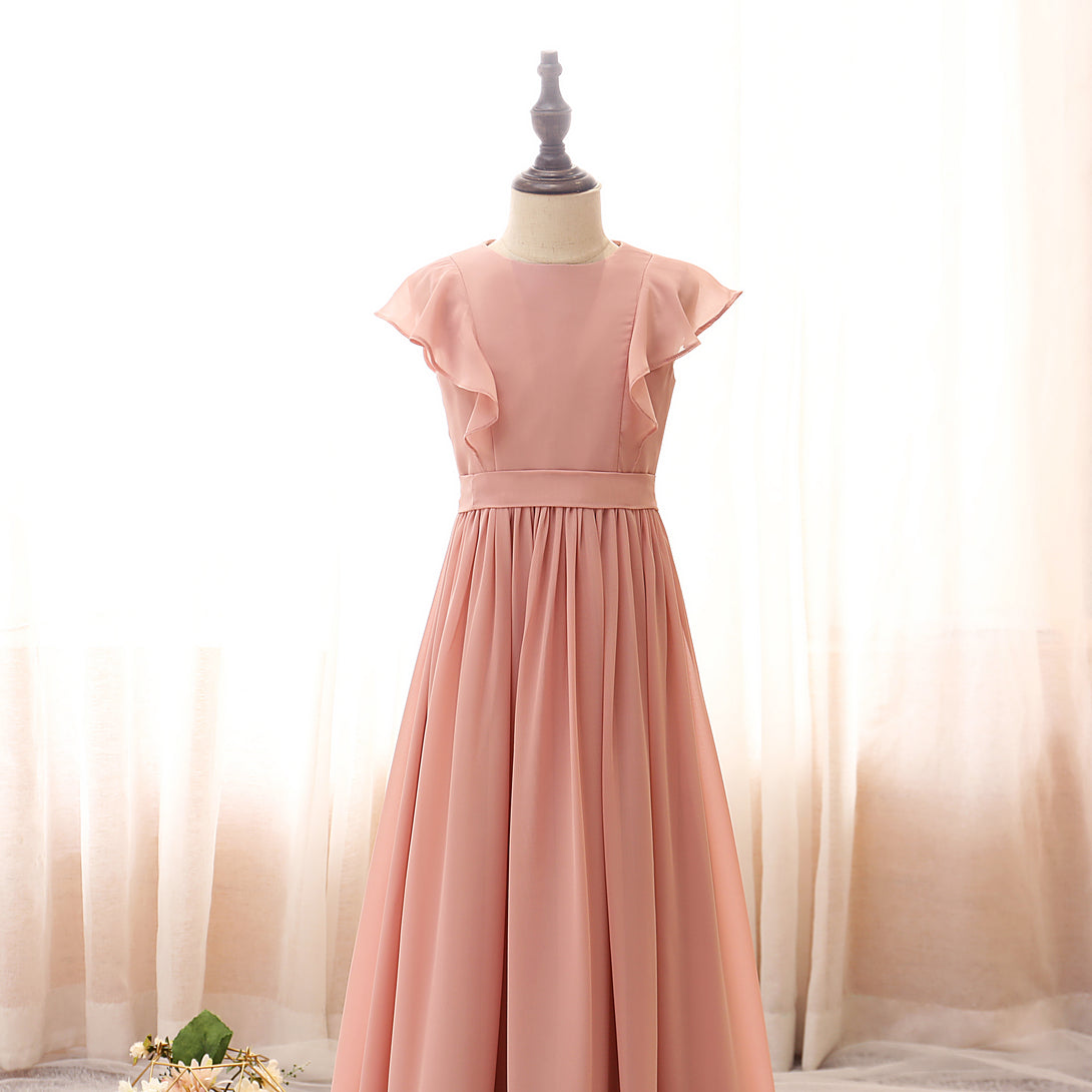 Boat Neck Flutter Straps Floor-Length Chiffon Girls Birthday Dresses With Ruffled Hem/Belt Gidiondress