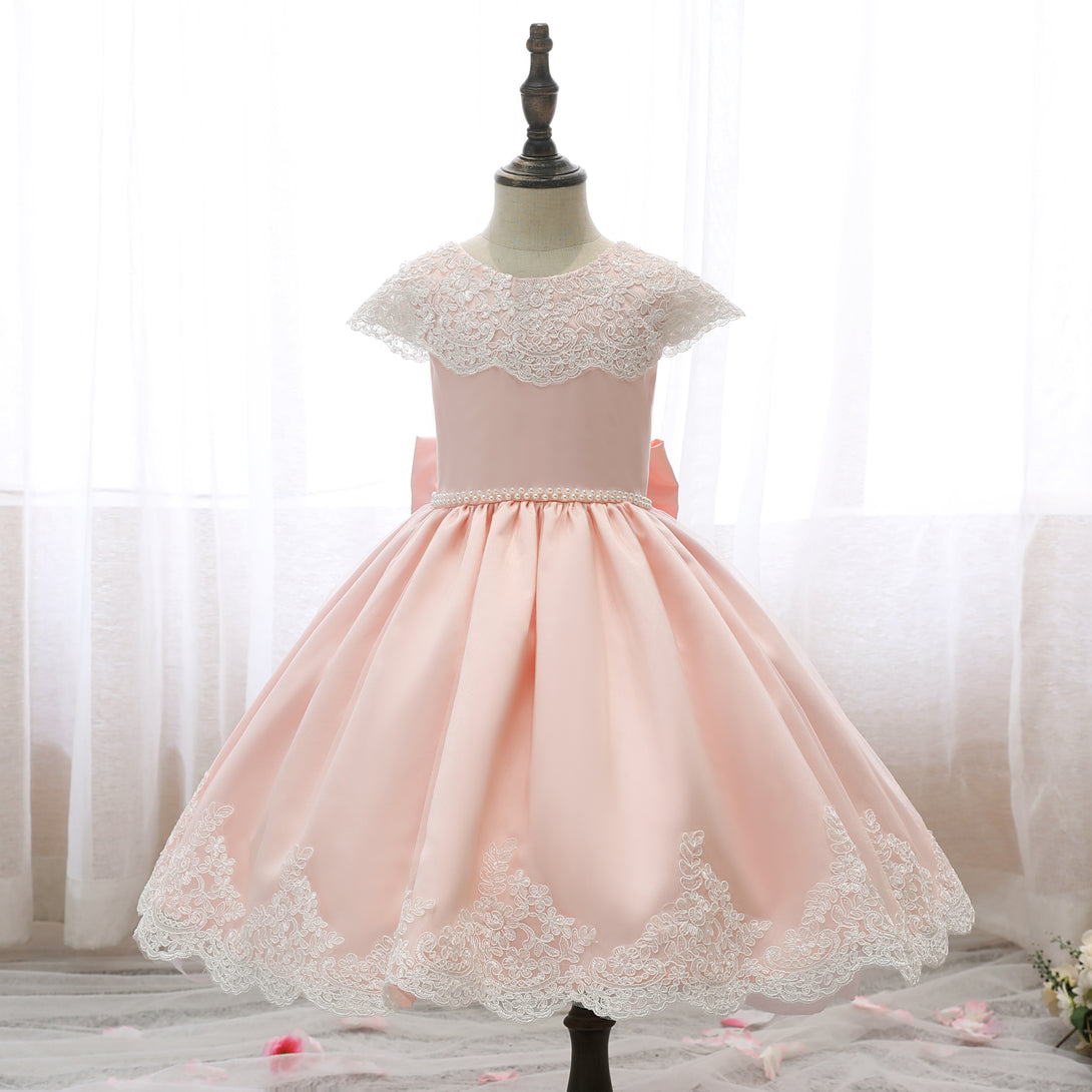 Scoop Neck Cap Sleeve Knee-Length Satin/Lace Girls Birthday Dresses With Bow/Beads Belt/Appliques Gidiondress