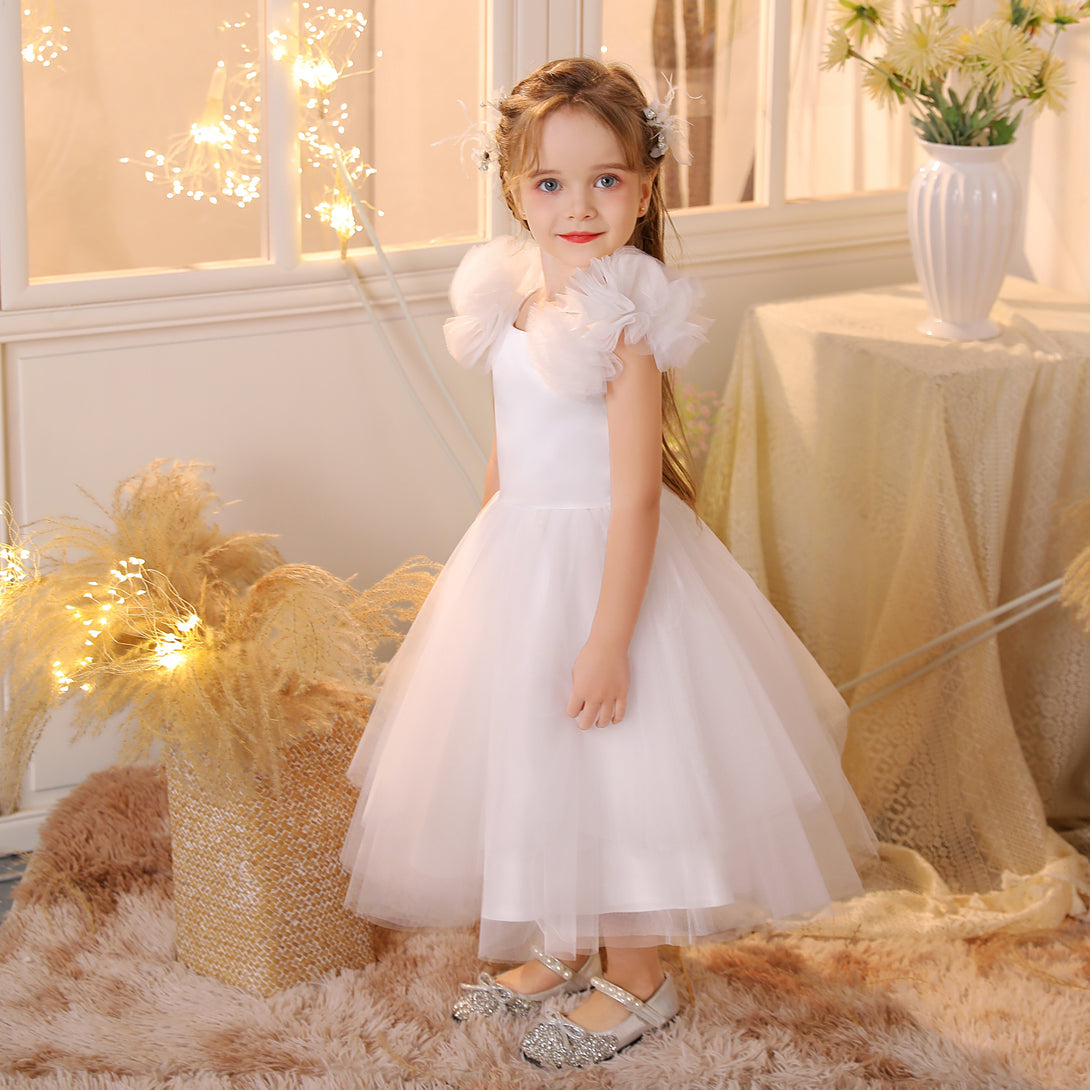 3D Tulle Flower Round Neck Sleeveless Dresses Girls Gidiondress