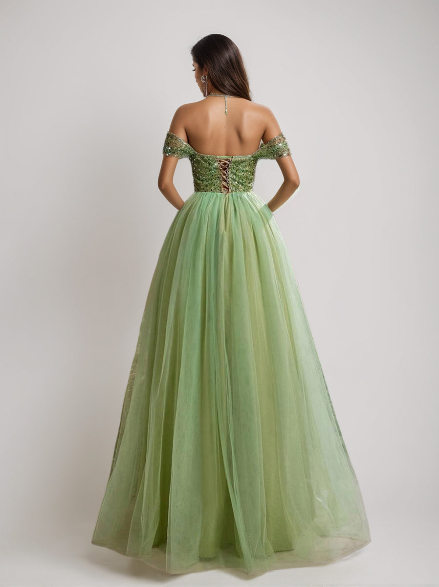 A-Line/Princess Off-the-Shoulder Sleeveless Tulle Luxurious Prom Dresses with Sequins BabaMila
