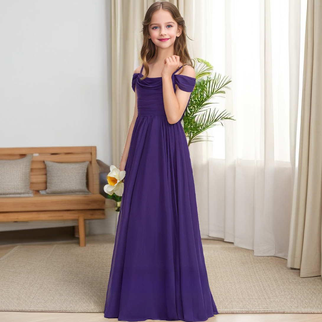 A-Line Cold Shoulder Cowl Floor-Length Chiffon Junior Bridesmaid Dress/Girls Birthday Dresses With Pleated Girls Gidiondress