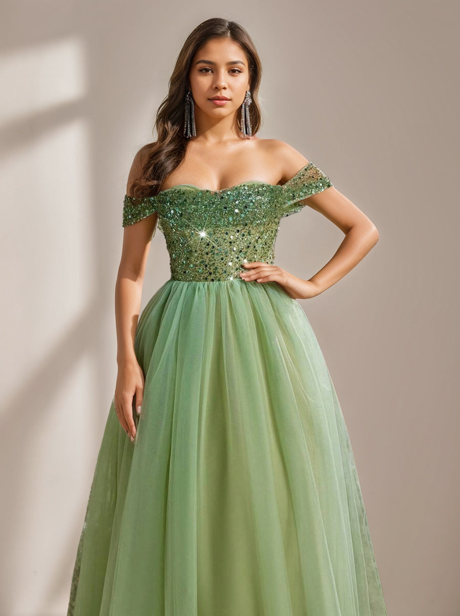 A-Line/Princess Off-the-Shoulder Sleeveless Tulle Luxurious Prom Dresses with Sequins BabaMila