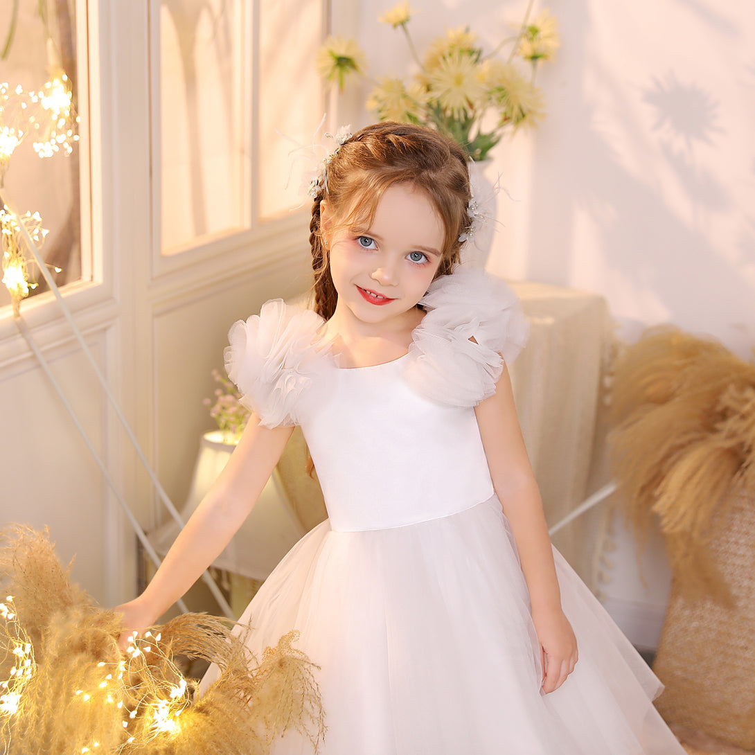 3D Tulle Flower Round Neck Sleeveless Dresses Girls Gidiondress